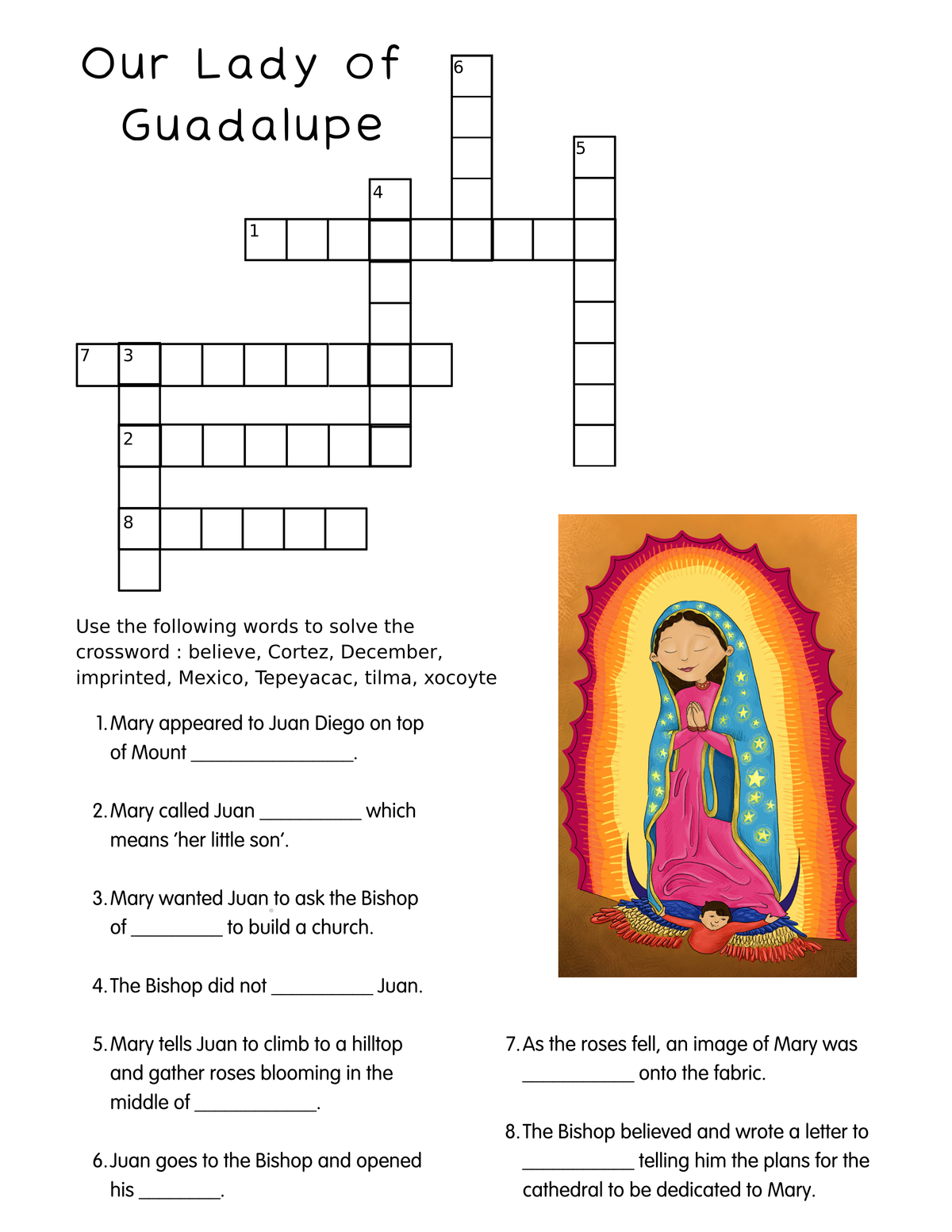 Our Lady of Guadalupe Crossword | Easy Catholic Crossword Puzzles
