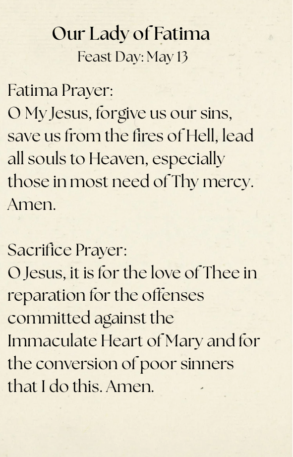 Prayer to Our Lady of Fatima on a beige background with feast day information