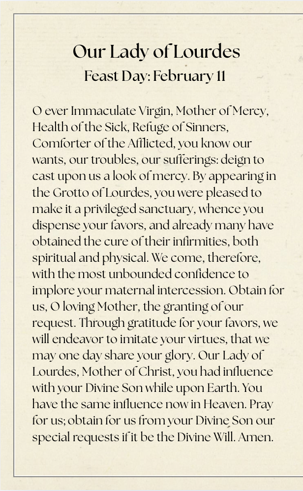 Catholic Prayer Card | Marian Devotional | Our Lady of Lourdes