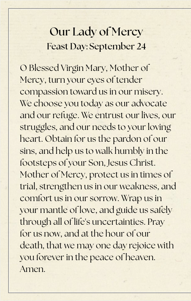 Catholic Prayer Card | Marian Devotional | Our Lady of Mercy