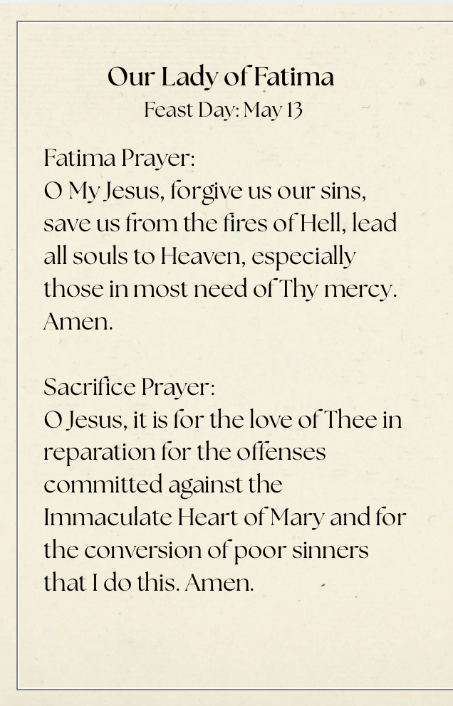 Catholic Prayer Card | Marian Devotional | Our Lady of Fatima