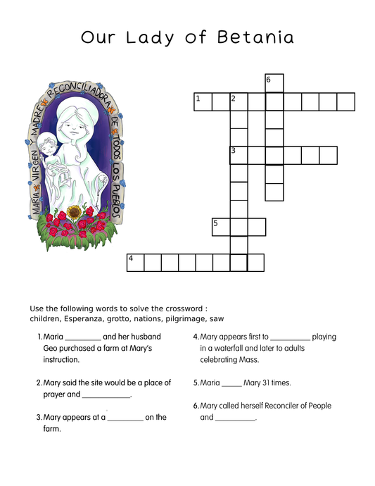 Our Lady of Betania Crossword | Easy Catholic Word Puzzles