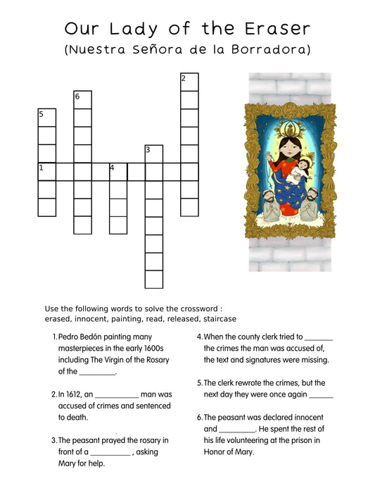 Our Lady of the Eraser Crossword | Easy Catholic Crossword Puzzles | Nuestra Señora de la Borradora